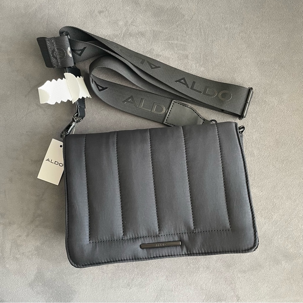 NWT ALDO Black Quilted Nylon Crossbody Bag with Logo Strap